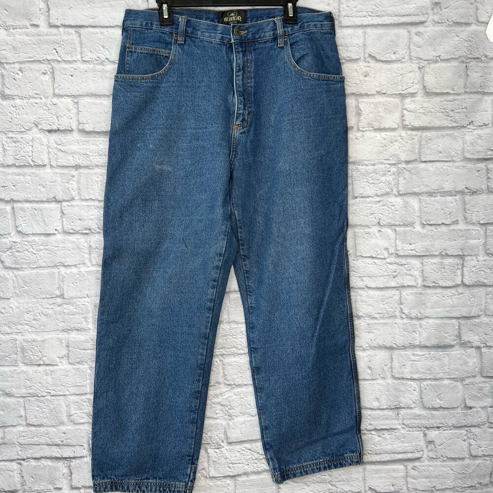 Redhead Fleece Lined Mens Blue Jeans Size 35x30 Red Plaid Carpenter